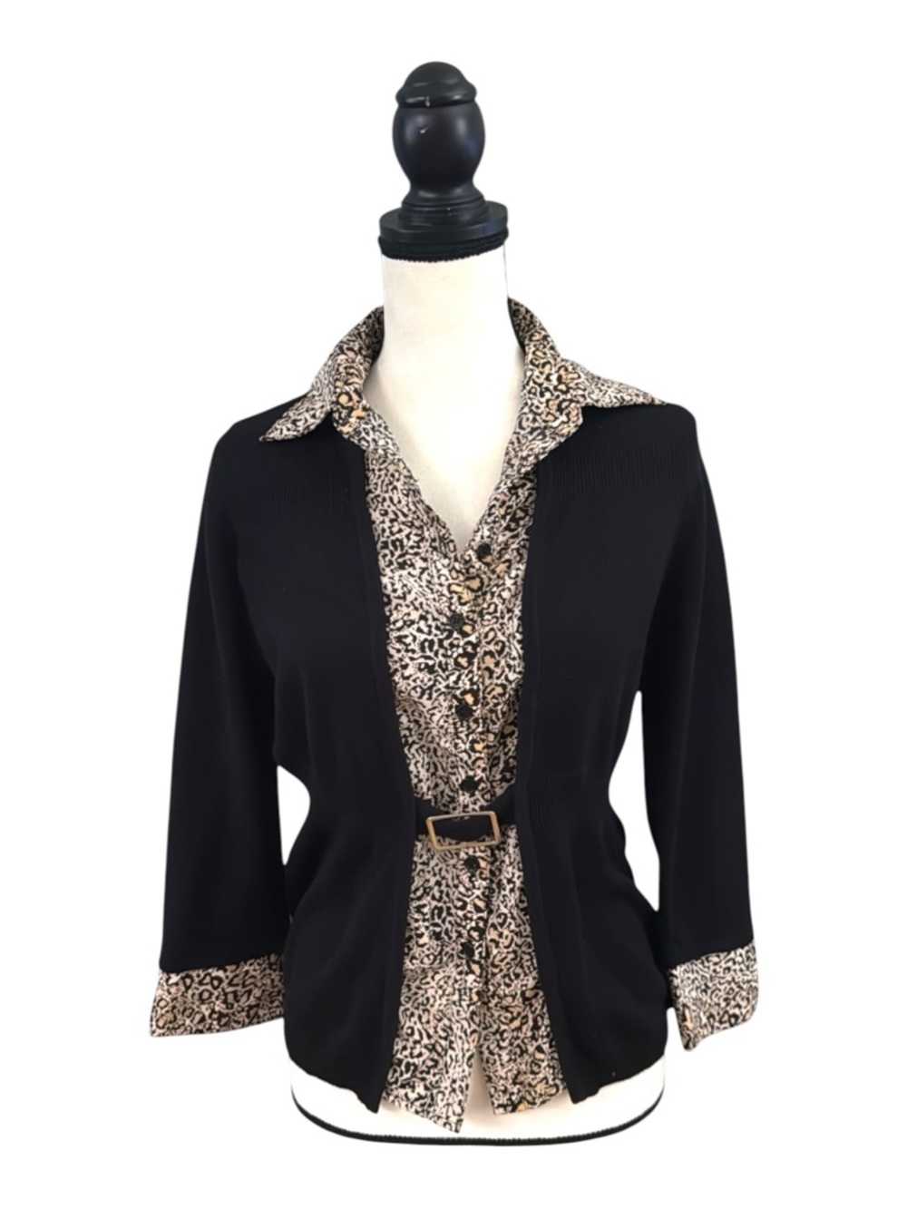 Kim Rogers Black Cardigan with Leopard-Print Trim